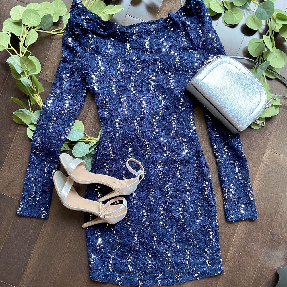 Navy Lace Bodycon Dress with Silver Sparkles